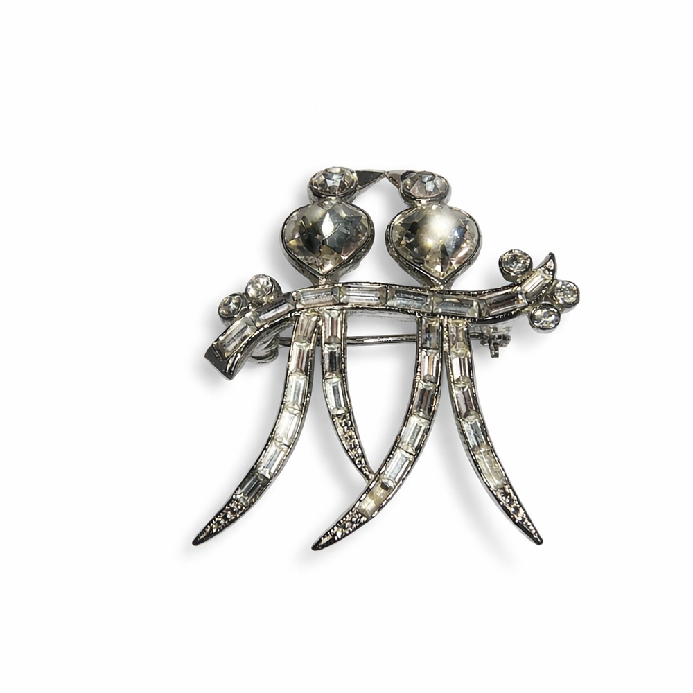Signed Albion Vintage Lovebirds Rhinestone Brooch Silver-Tone